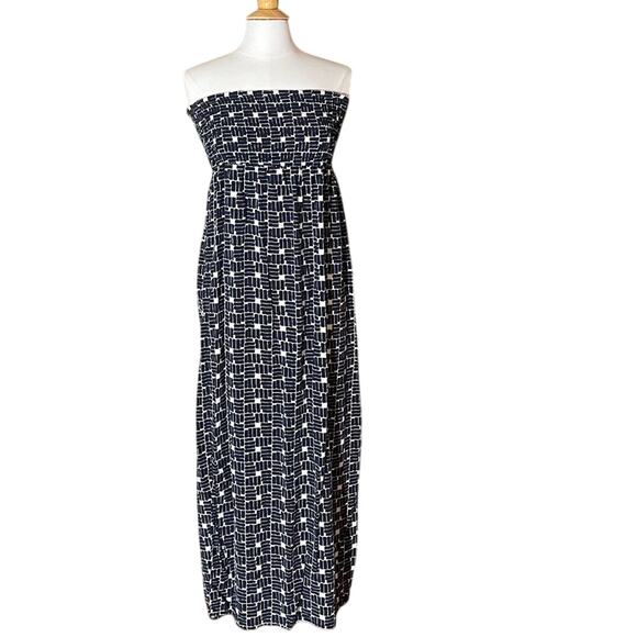 GAP Navy & White Geometric Block Print Smocked Bandeau Strapless Maxi Dress L - Picture 1 of 11